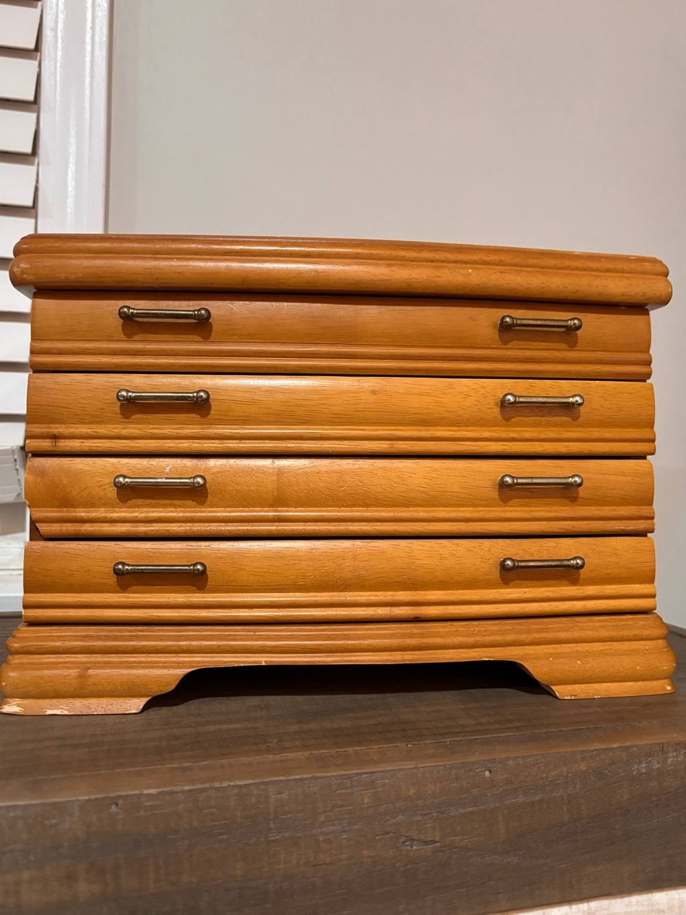 Vintage Wood Jewelry Chest with Four Drawers - Honey Brown